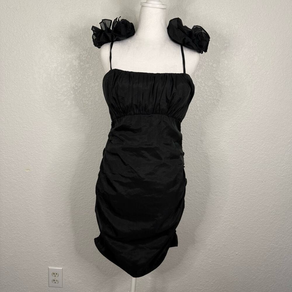 NWT Lovers + Friends Moda Midi dress ruched black Cocktail Events Wedding Guest